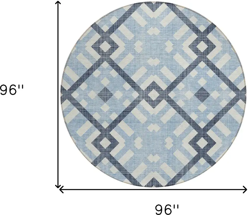 8' Sky Blue Navy Blue And Ivory Round Geometric Washable Indoor Outdoor Area Rug Photo 3