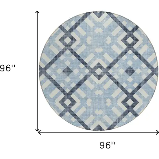 8' Sky Blue Navy Blue And Ivory Round Geometric Washable Indoor Outdoor Area Rug Photo 3