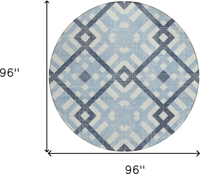 8' Sky Blue Navy Blue And Ivory Round Geometric Washable Indoor Outdoor Area Rug Photo 3