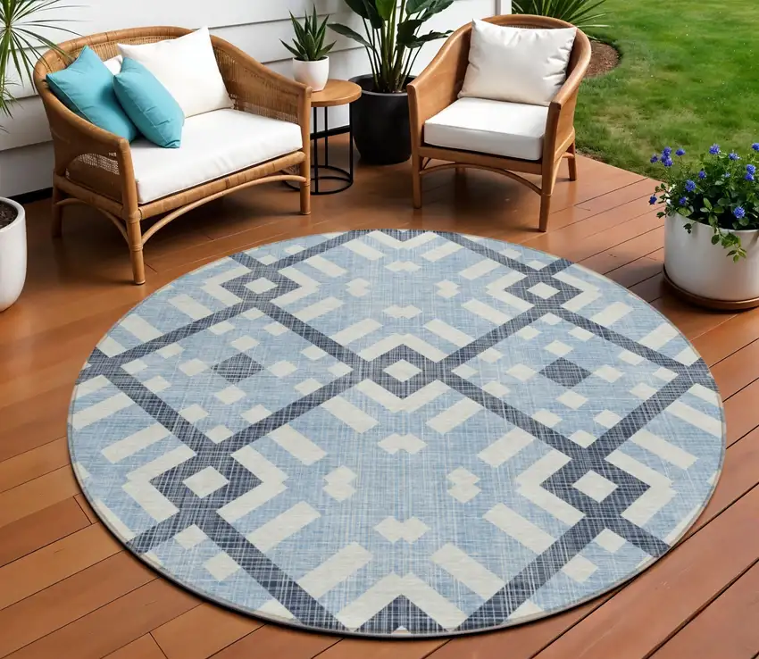 8' Sky Blue Navy Blue And Ivory Round Geometric Washable Indoor Outdoor Area Rug Photo 1