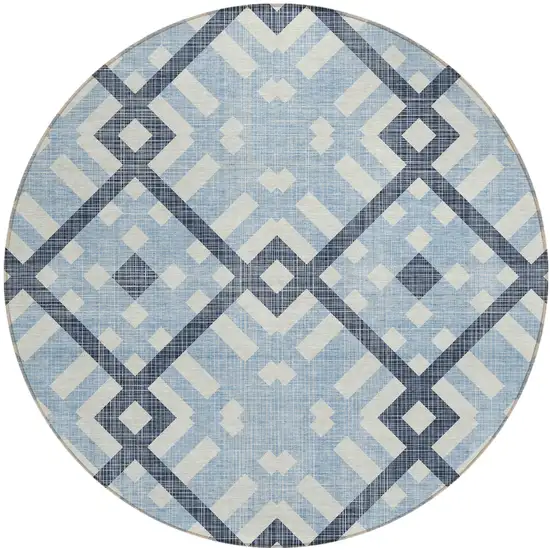 8' Sky Blue Navy Blue And Ivory Round Geometric Washable Indoor Outdoor Area Rug Photo 2