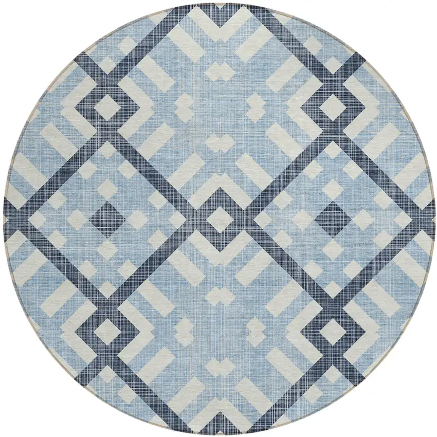 8' Sky Blue Navy Blue And Ivory Round Geometric Washable Indoor Outdoor Area Rug Photo 2