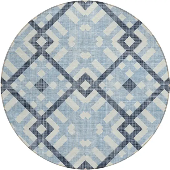 8' Sky Blue Navy Blue And Ivory Round Geometric Washable Indoor Outdoor Area Rug Photo 2