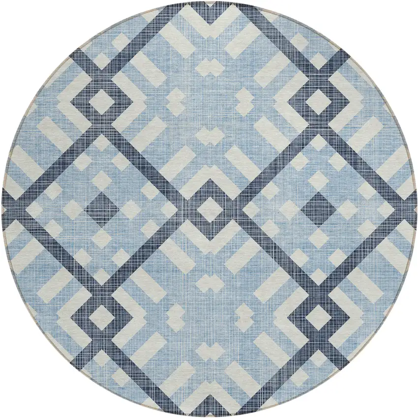 8' Sky Blue Navy Blue And Ivory Round Geometric Washable Indoor Outdoor Area Rug Photo 2