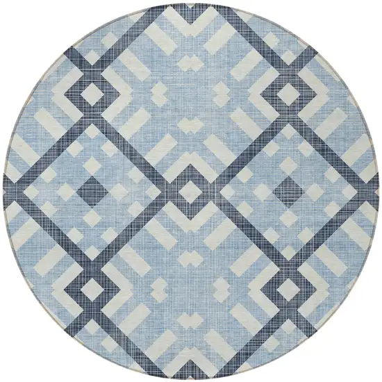 8' Sky Blue Navy Blue And Ivory Round Geometric Washable Indoor Outdoor Area Rug Photo 4