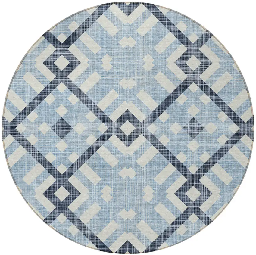 8' Sky Blue Navy Blue And Ivory Round Geometric Washable Indoor Outdoor Area Rug Photo 4