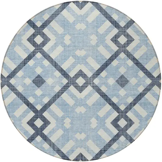 8' Sky Blue Navy Blue And Ivory Round Geometric Washable Indoor Outdoor Area Rug Photo 4