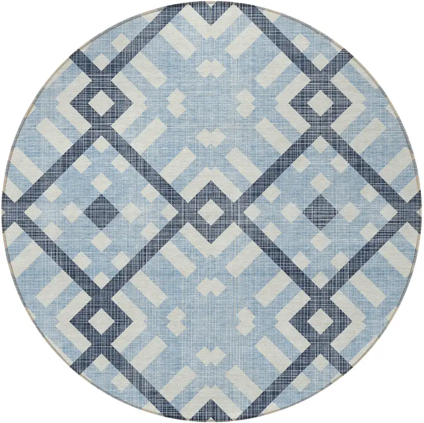8' Sky Blue Navy Blue And Ivory Round Geometric Washable Indoor Outdoor Area Rug Photo 4