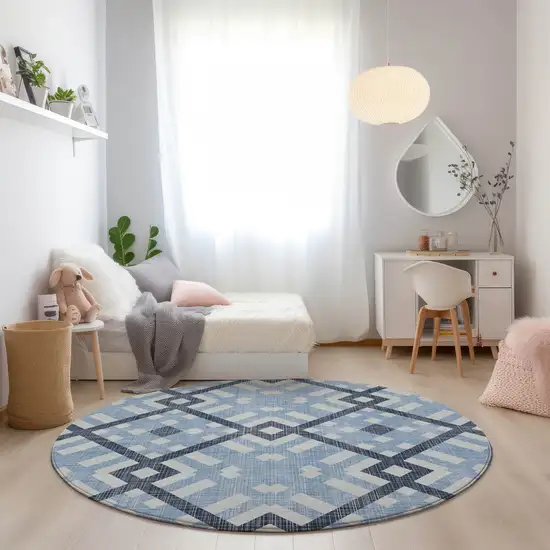 8' Sky Blue Navy Blue And Ivory Round Geometric Washable Indoor Outdoor Area Rug Photo 6
