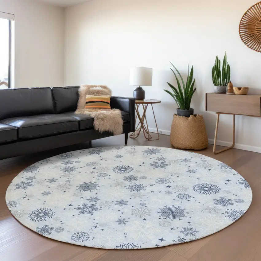 8' Sky Blue Navy Blue And Ivory Round Snowflake Washable Indoor Outdoor Area Rug Photo 6