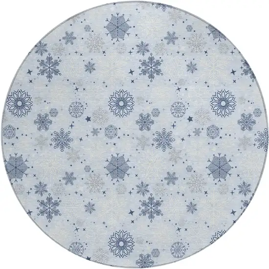 8' Sky Blue Navy Blue And Ivory Round Snowflake Washable Indoor Outdoor Area Rug Photo 3