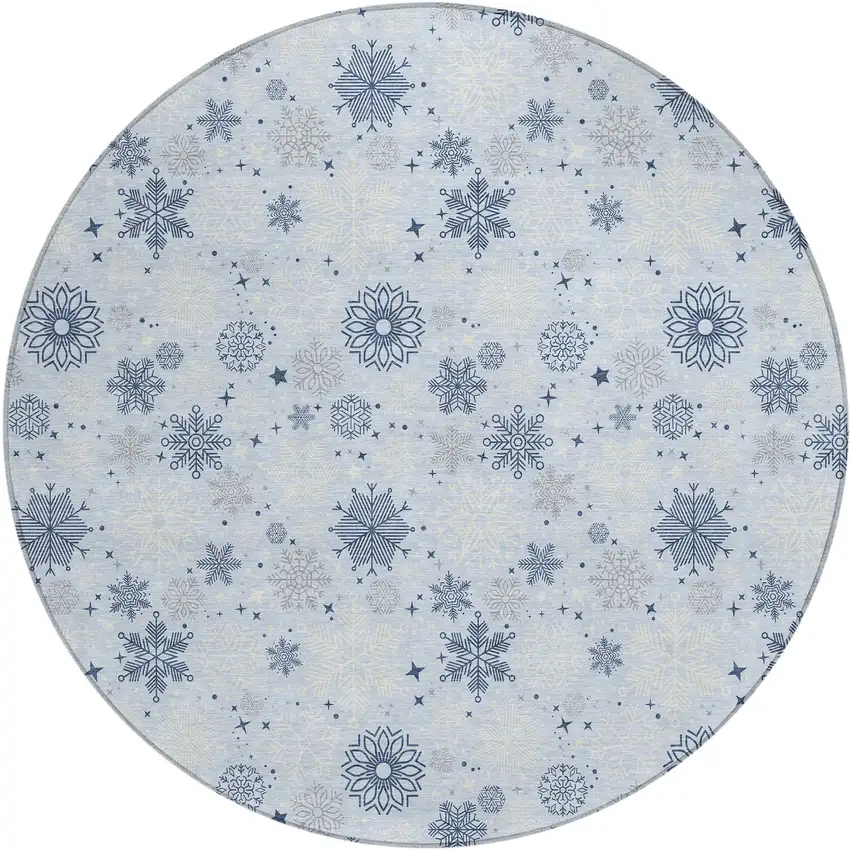 8' Sky Blue Navy Blue And Ivory Round Snowflake Washable Indoor Outdoor Area Rug Photo 3