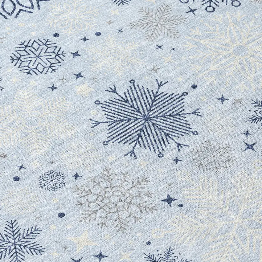 8' Sky Blue Navy Blue And Ivory Round Snowflake Washable Indoor Outdoor Area Rug Photo 7