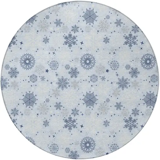 8' Sky Blue Navy Blue And Ivory Round Snowflake Washable Indoor Outdoor Area Rug Photo 4
