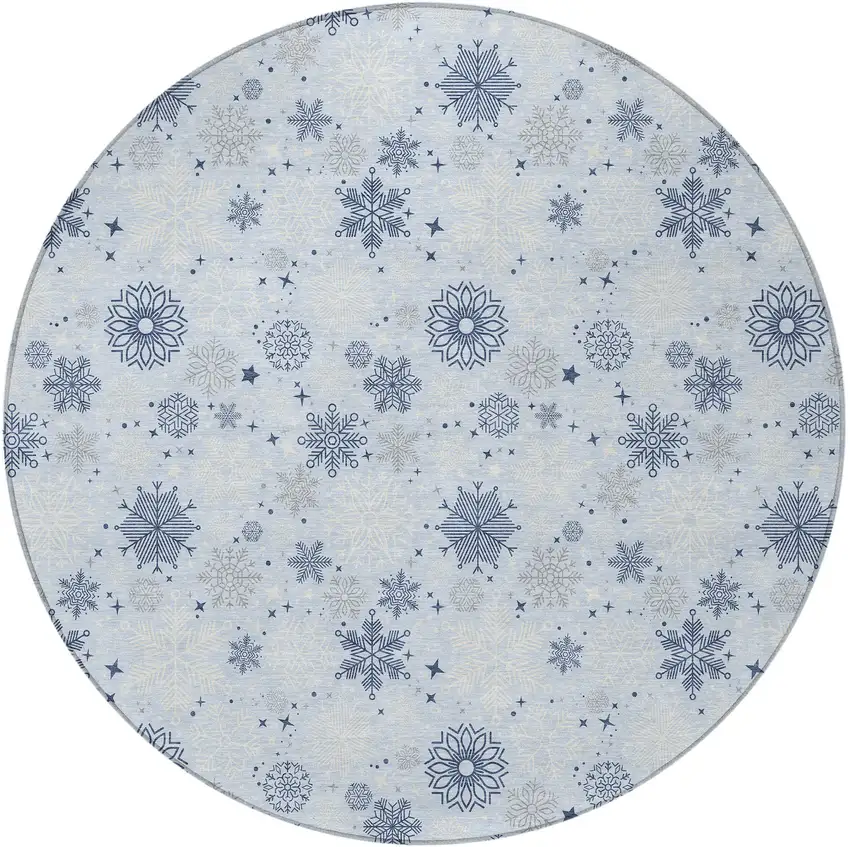 8' Sky Blue Navy Blue And Ivory Round Snowflake Washable Indoor Outdoor Area Rug Photo 4