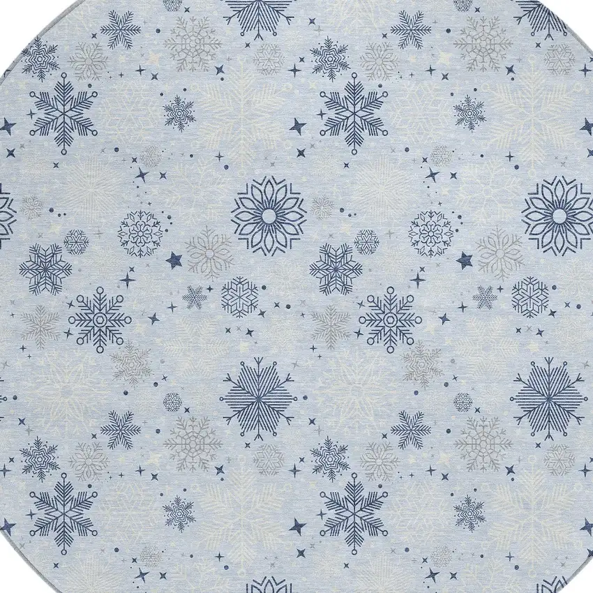 8' Sky Blue Navy Blue And Ivory Round Snowflake Washable Indoor Outdoor Area Rug Photo 9