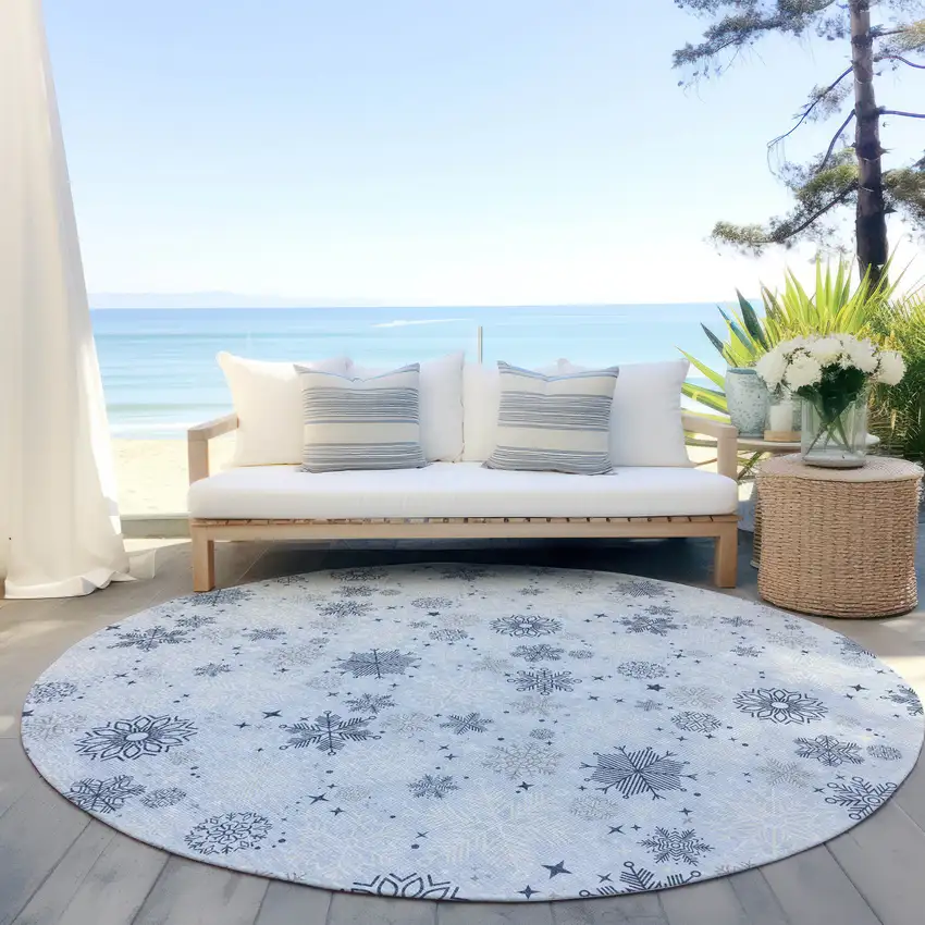 8' Sky Blue Navy Blue And Ivory Round Snowflake Washable Indoor Outdoor Area Rug Photo 5