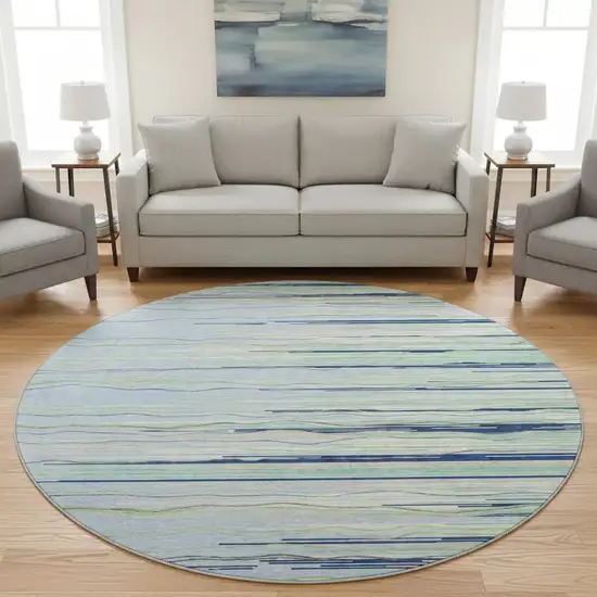 8' Sky Blue Olive Green And Ivory Striped Washable Round Rug With UV Protection Photo 2
