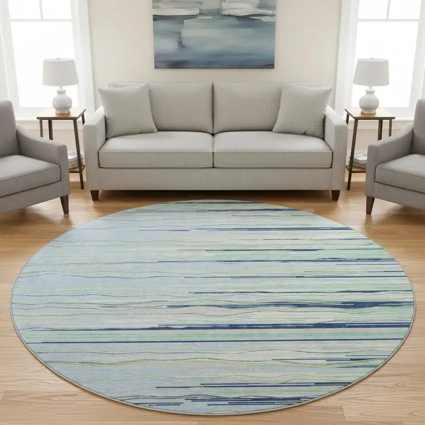 8' Sky Blue Olive Green And Ivory Striped Washable Round Rug With UV Protection Photo 2