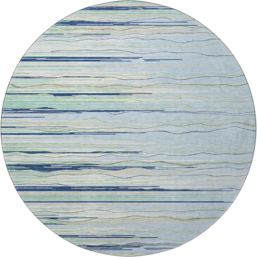 8' Sky Blue Olive Green And Ivory Striped Washable Round Rug With UV Protection Photo 2