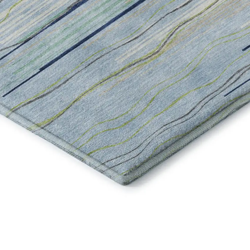 8' Sky Blue Olive Green And Ivory Striped Washable Round Rug With UV Protection Photo 5