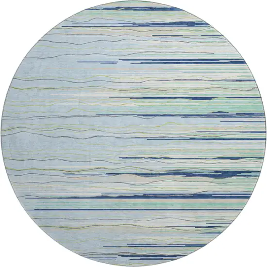 8' Sky Blue Olive Green And Ivory Striped Washable Round Rug With UV Protection Photo 1