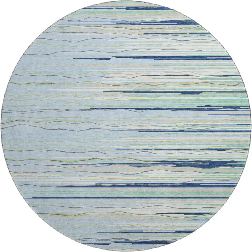 8' Sky Blue Olive Green And Ivory Striped Washable Round Rug With UV Protection Photo 1