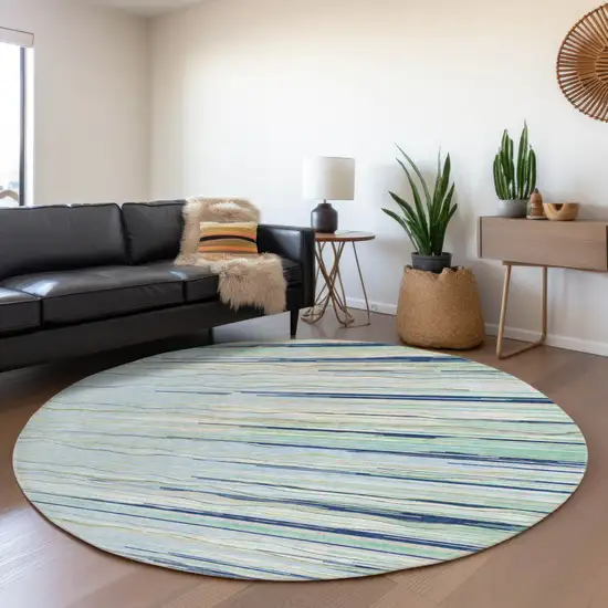 8' Sky Blue Olive Green And Ivory Striped Washable Round Rug With UV Protection Photo 3