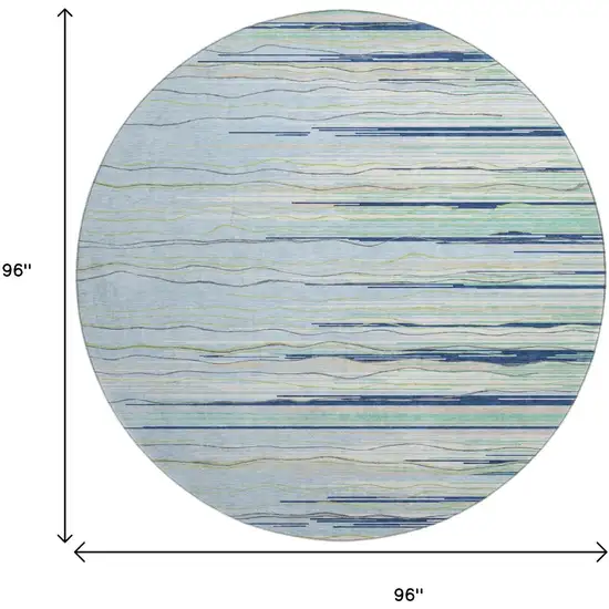 8' Sky Blue Olive Green And Ivory Striped Washable Round Rug With UV Protection Photo 8