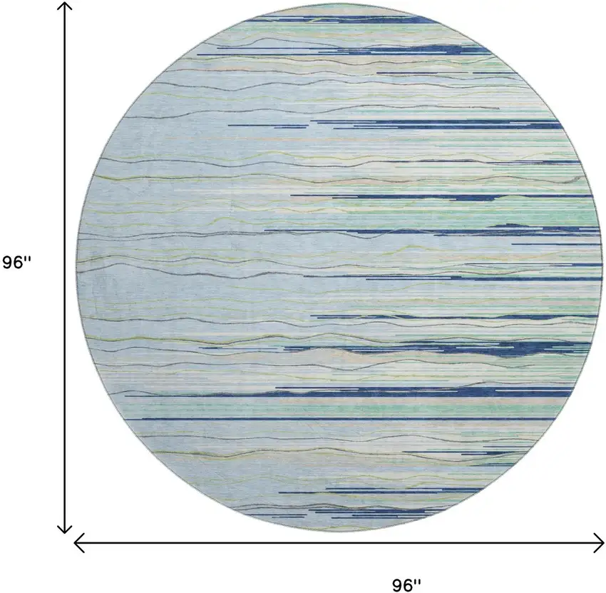 8' Sky Blue Olive Green And Ivory Striped Washable Round Rug With UV Protection Photo 8