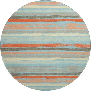 Photo of 8' Sky Blue Orange And Ivory Striped Washable Round Rug With UV Protection