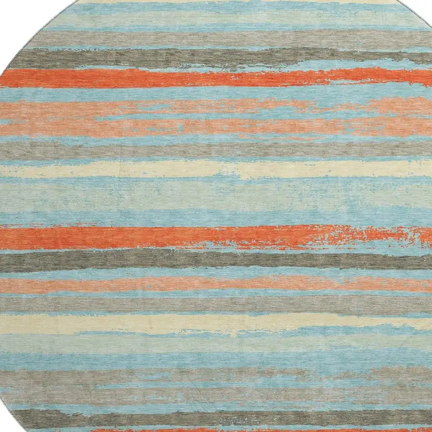 8' Sky Blue Orange And Ivory Striped Washable Round Rug With UV Protection Photo 2
