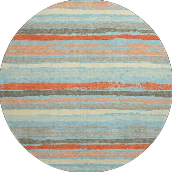 8' Sky Blue Orange And Ivory Striped Washable Round Rug With UV Protection Photo 3