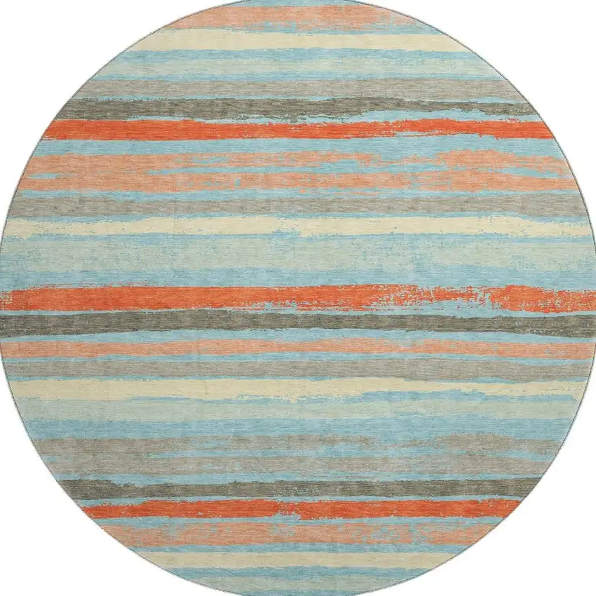 8' Sky Blue Orange And Ivory Striped Washable Round Rug With UV Protection Photo 3