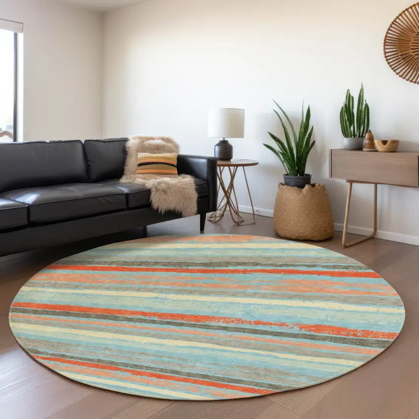 8' Sky Blue Orange And Ivory Striped Washable Round Rug With UV Protection Photo 4