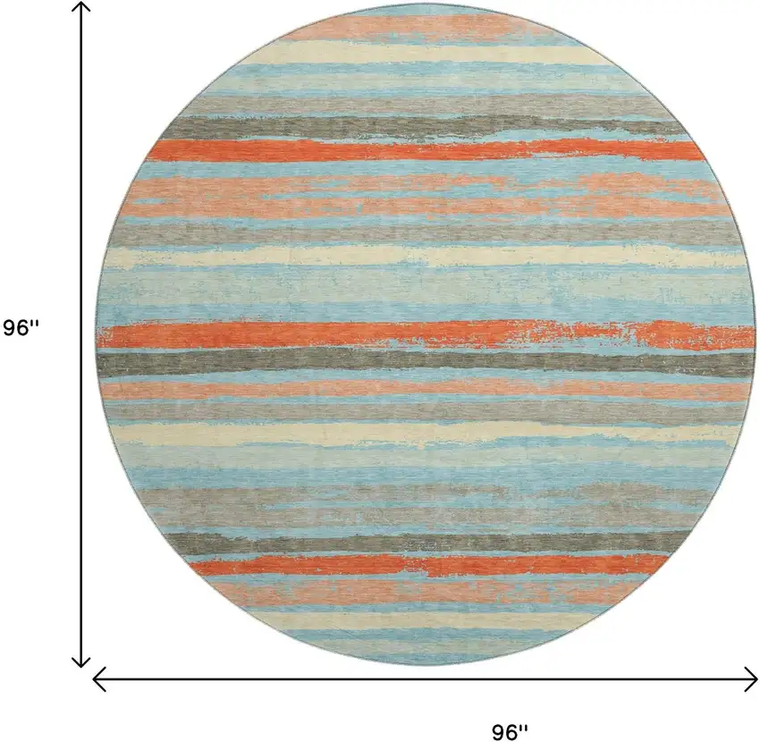 8' Sky Blue Orange And Ivory Striped Washable Round Rug With UV Protection Photo 9