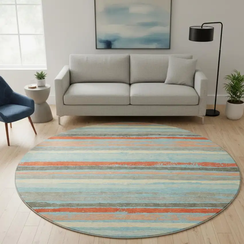 8' Sky Blue Orange And Ivory Striped Washable Round Rug With UV Protection Photo 2