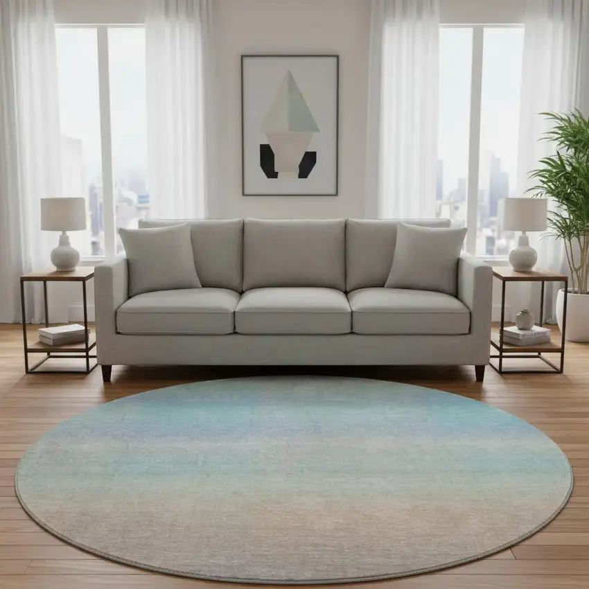 8' Sky Blue Peach And Lilac Striped Washable Round Rug With UV Protection Photo 2