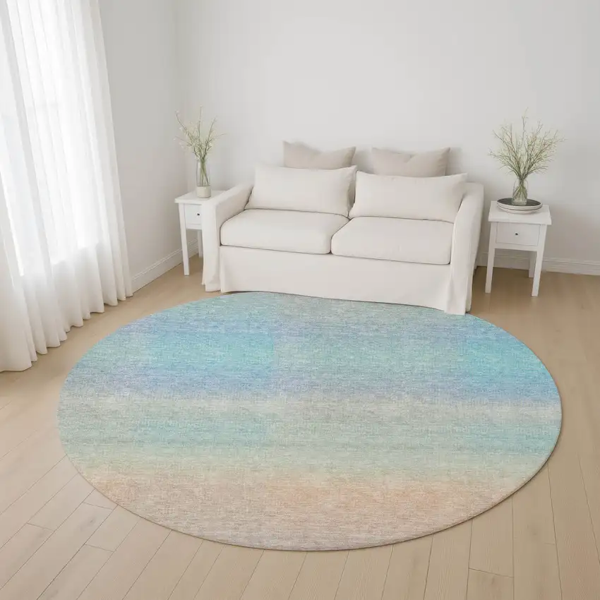 8' Sky Blue Peach And Lilac Striped Washable Round Rug With UV Protection Photo 4
