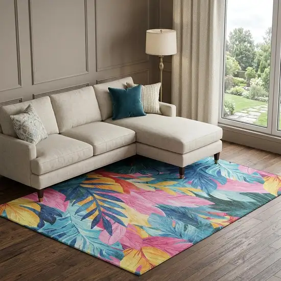 8' Sky Blue Pink And Gold Floral Washable Area Rug With UV Protection Photo 1