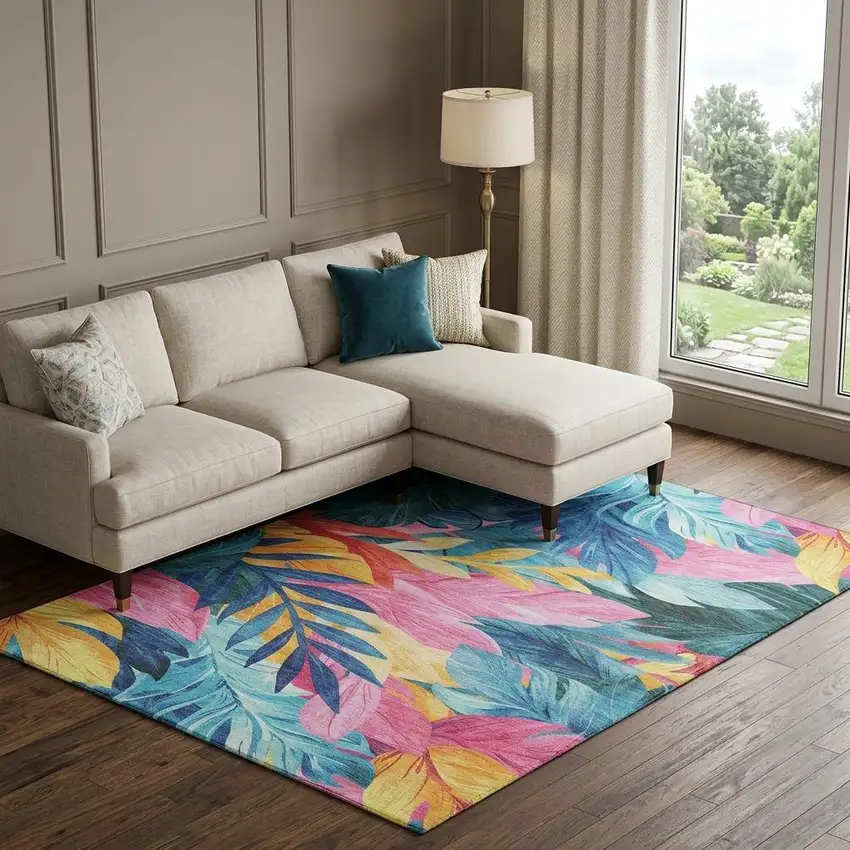 8' Sky Blue Pink And Gold Floral Washable Area Rug With UV Protection Photo 1
