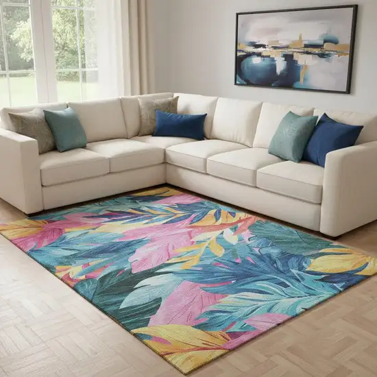 8' Sky Blue Pink And Gold Floral Washable Area Rug With UV Protection Photo 2
