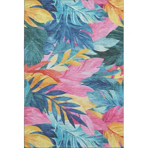 Photo of 8' Sky Blue Pink And Gold Floral Washable Area Rug With UV Protection