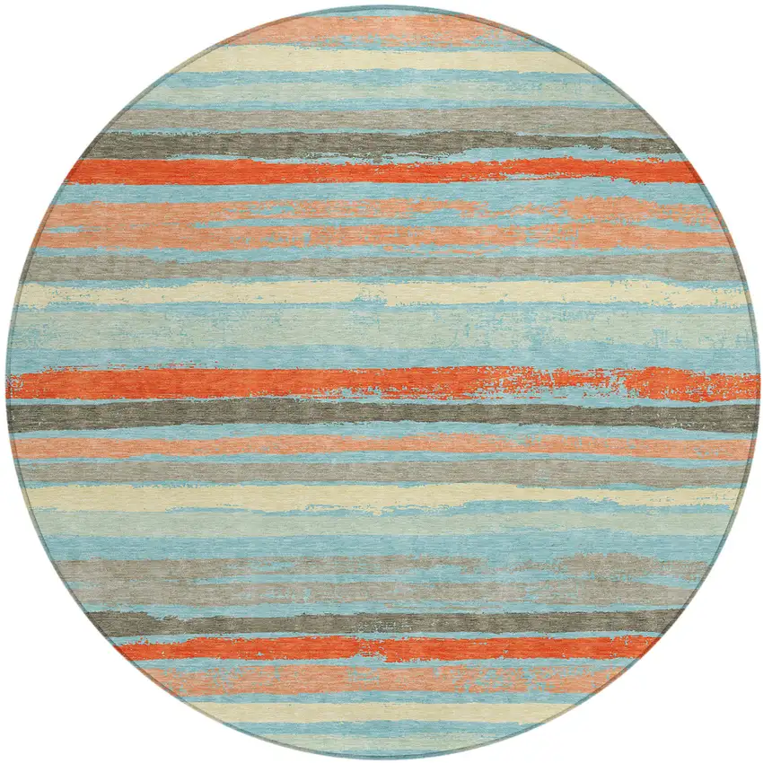 8' Sky Blue Pink And Gray Round Striped Washable Indoor Outdoor Area Rug Photo 2