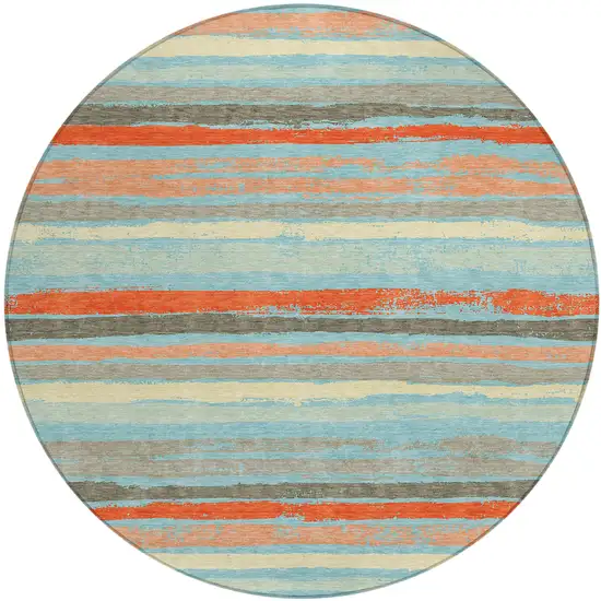 8' Sky Blue Pink And Gray Round Striped Washable Indoor Outdoor Area Rug Photo 2