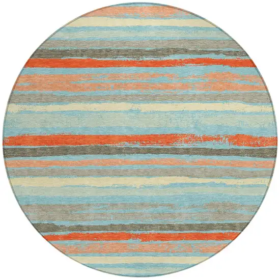 8' Sky Blue Pink And Gray Round Striped Washable Indoor Outdoor Area Rug Photo 6