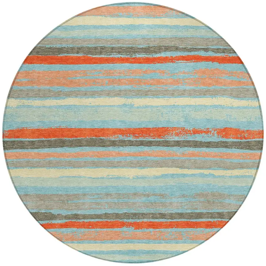 8' Sky Blue Pink And Gray Round Striped Washable Indoor Outdoor Area Rug Photo 6