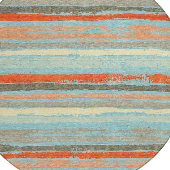 8' Sky Blue Pink And Gray Round Striped Washable Indoor Outdoor Area Rug Photo 5