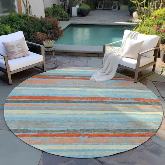 8' Sky Blue Pink And Gray Round Striped Washable Indoor Outdoor Area Rug Photo 7
