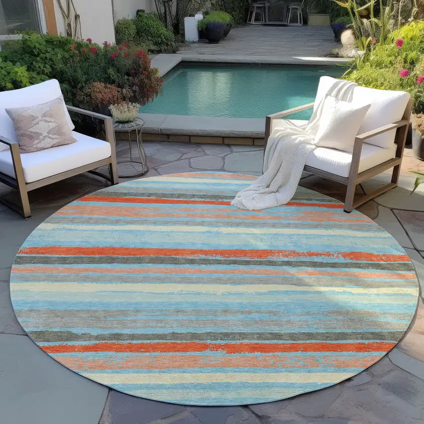8' Sky Blue Pink And Gray Round Striped Washable Indoor Outdoor Area Rug Photo 7